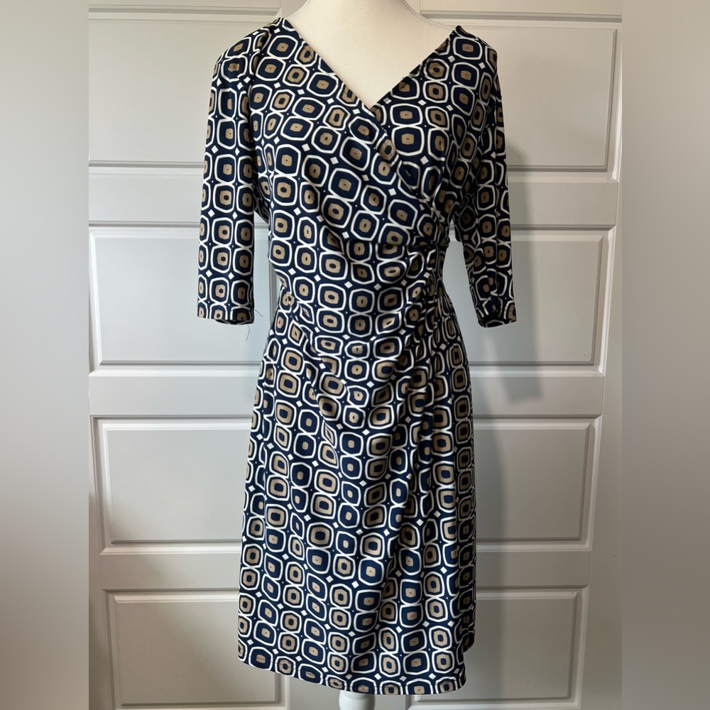 Mlle Gabrielle‎ Geometric Print Wrap Dress 3/4 Sleeve Career Casual Navy Tan Med
